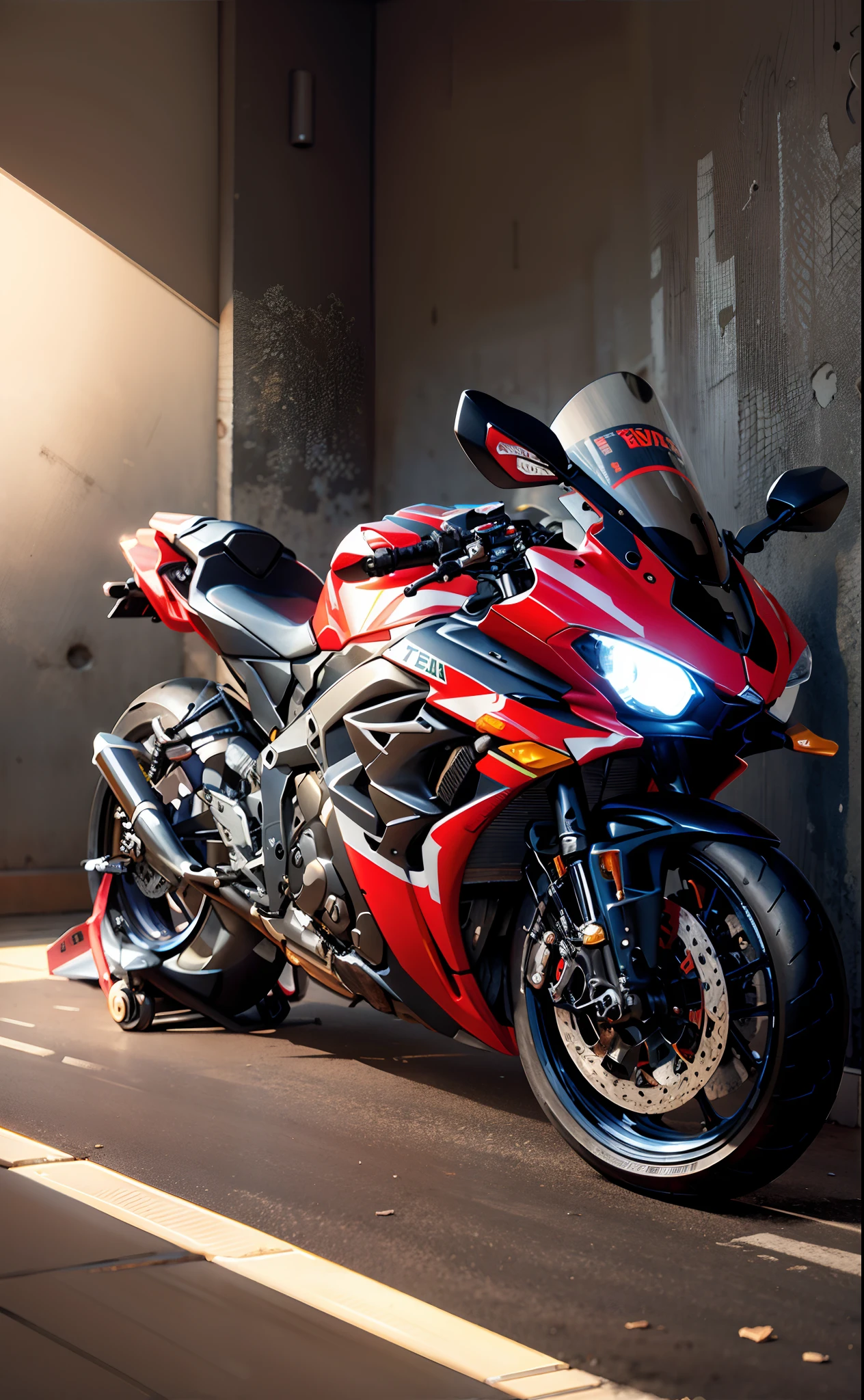 there is a motorcycle parked in a room with a wall, r6, front side full, side front view, front shot, yoshimura exhaust, full front view, front profile, front profile!!!!, front side, motorcycle, taken with sony a7r camera, rb6s, rb 6 s, samurai vinyl wrap, f32, front perspective, random colour, check background