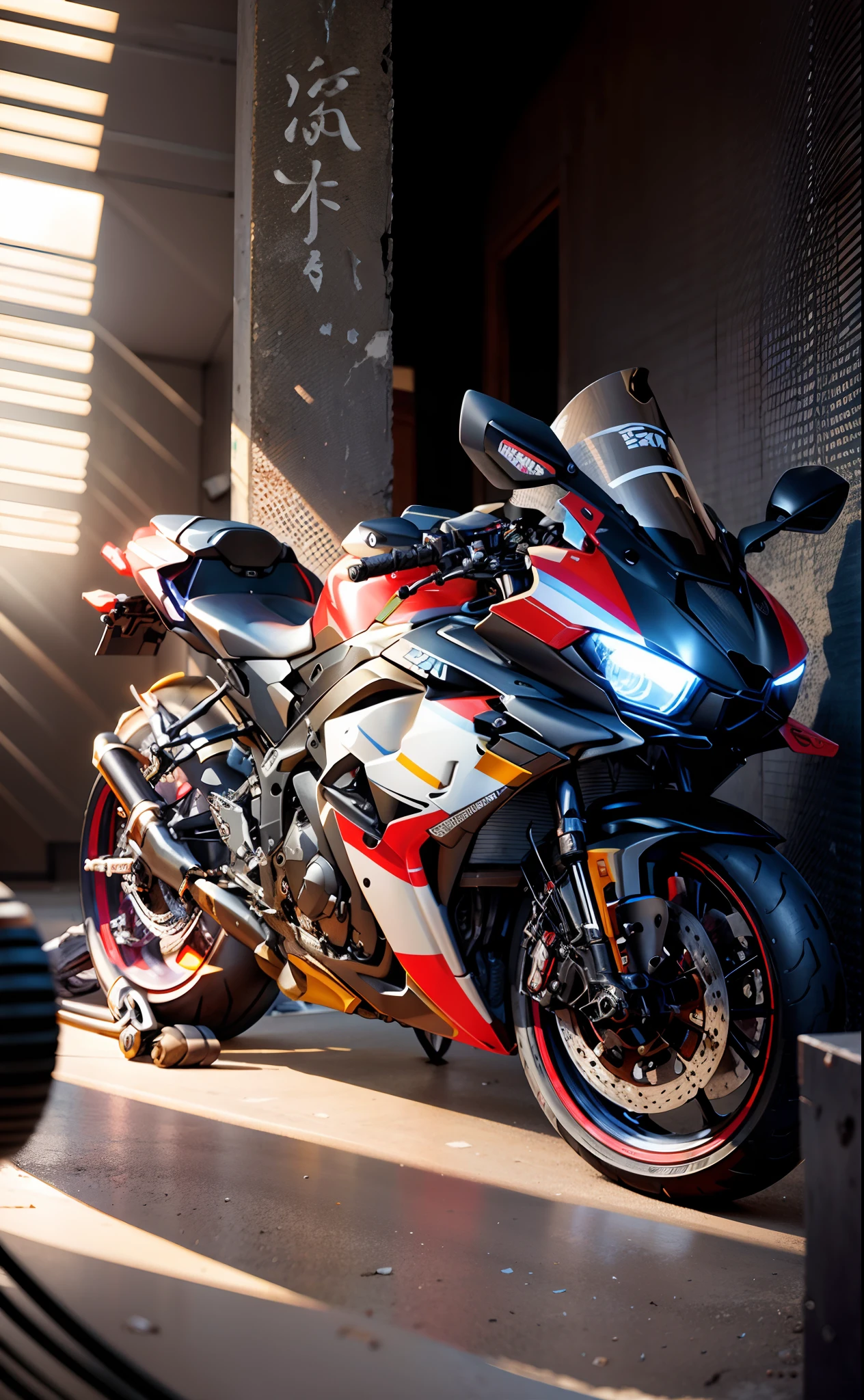 there is a motorcycle parked in a room with a wall, r6, front side full, side front view, front shot, yoshimura exhaust, full front view, front profile, front profile!!!!, front side, motorcycle, taken with sony a7r camera, rb6s, rb 6 s, samurai vinyl wrap, f32, front perspective, random colour, check background