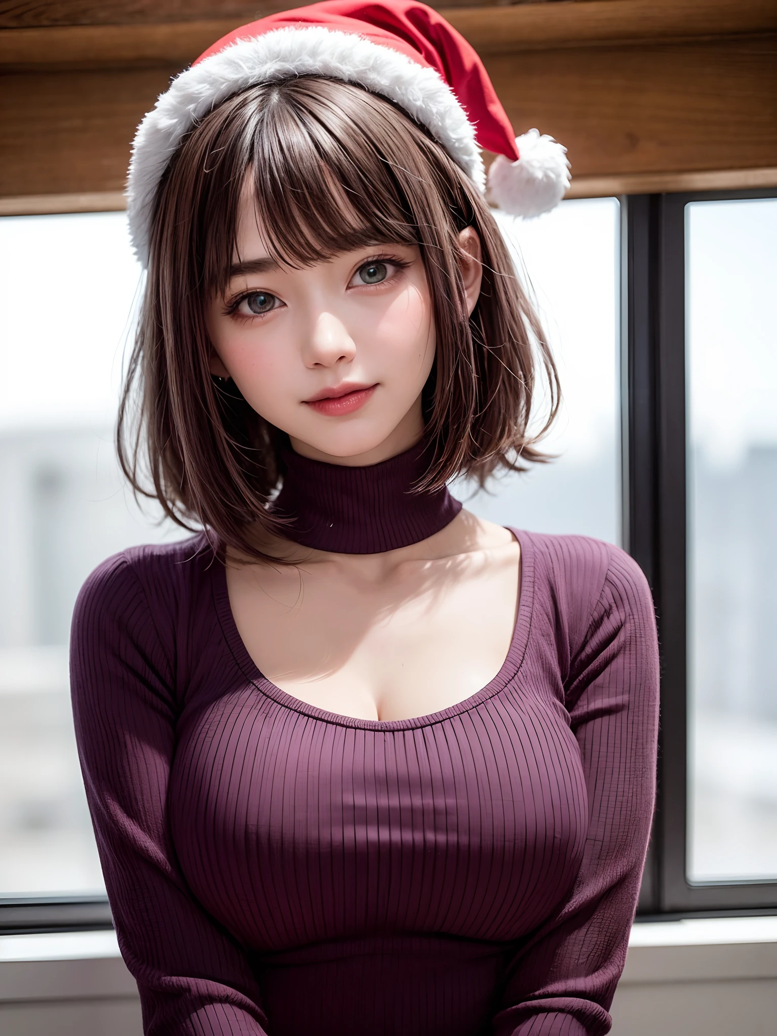 (masutepiece, top-quality、Very attractive adult beauty、Add intense highlights to the eyes、Look firmly at the camera:1.4、Beautiful woman full of adult charm、Ideal ratio body proportions),1girl in, 独奏, Light brown shiny hair, muffler,Santa Claus hat,realisitic, looking at the viewers, Bright colored crystal light blue eyes, short shiny hair, Santa Claus Color Star Neck Knit、 Santa Claus costume with turtleneck with a hole in the center of the chest,Sexy white turtleneck red knit sweater with round hole in the center of chest、 s lips, lipgloss，bangss, The upper part of the body、big eye、Lashes、The face is a little red、Embarrassing)、((Road system in Italy in winter))、((Shorthair with bangs、big eye、Put very strong highlights in your students、{Gigantic|Big|Huge|Mega} breasts:1.4、very Bigger breasts、gazing at viewer、Very beautiful beauty、Put your ears out、long neck、little smiling、Beautiful teeth、Open your mouth and smile))、28 year old、Very cute supermodel、