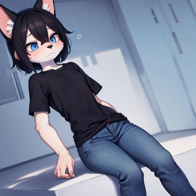 A boy, halfway in transforming into a furry girl, scared look, wooly black shirt, short blue girl jeans