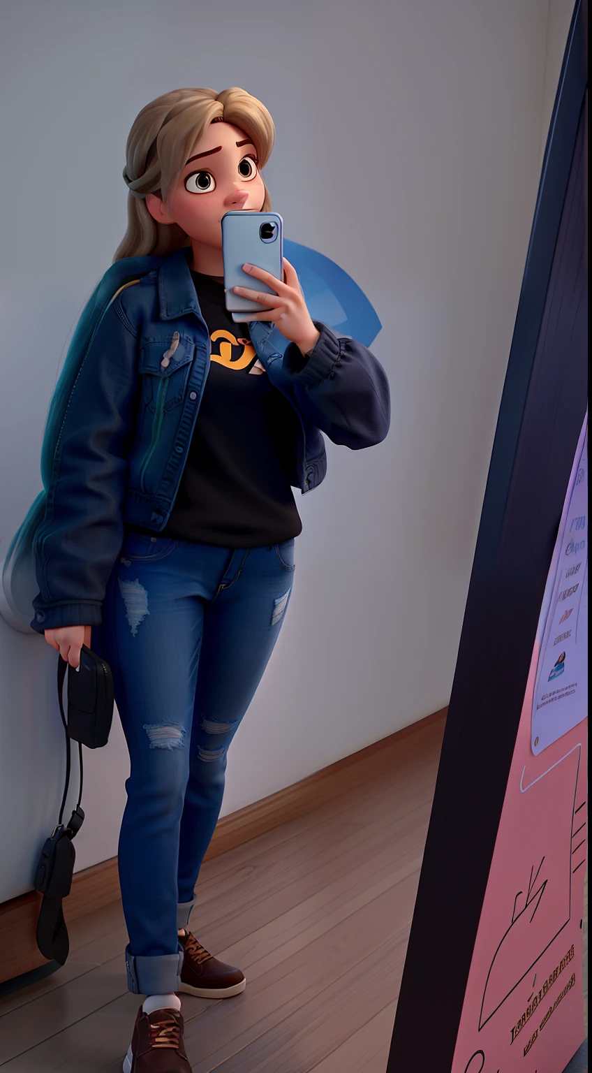 Disney Pixar movie-inspired poster a light-haired 30-year-old woman tied up, tirando uma selfie em um espelho, imagem de corpo inteiro, Pose casual, wearing a black jacket and shirt underneath and jeans.