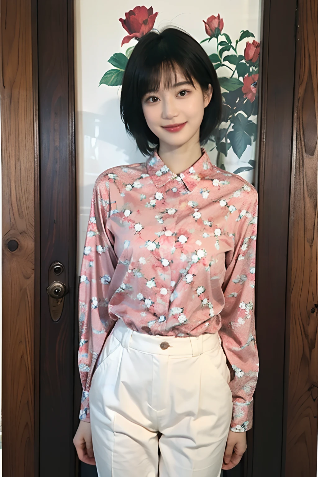 93
(a 20 yo woman,is standing), (A hyper-realistic), (masutepiece), ((short-hair:1.46)), (Smooth black hair), wear long pants, (Wearing a long-sleeved shirt with a floral print), (painterly、picture frame), (Gentle smile), (Keep your mouth shut)