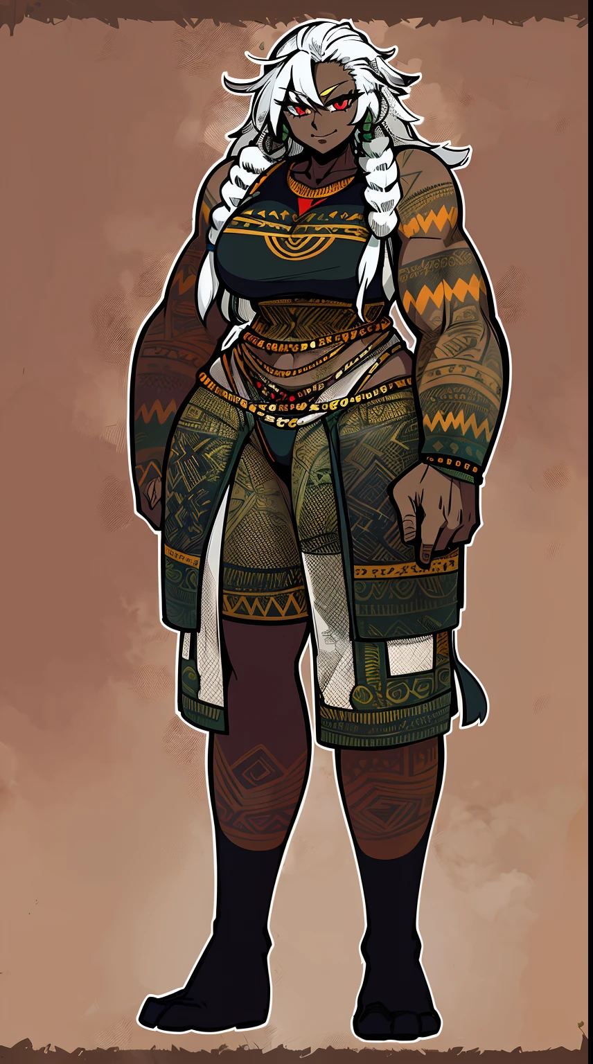 Ebony skinned female with white dreadlocks, thicc, wearing tribal warrior outfit, full body, standing, full body