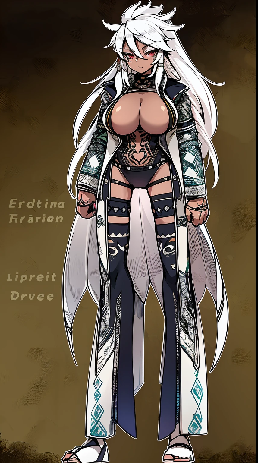 Ebony skinned female with white dreadlocks, thicc, wearing tribal warrior outfit, full body, standing, full body