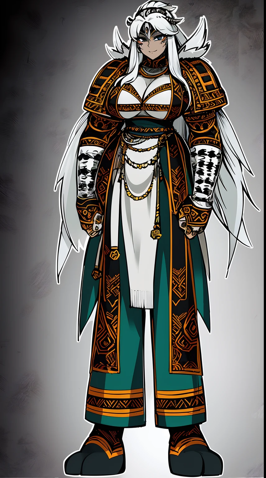Ebony skinned female with white dreadlocks, thicc, wearing tribal warrior outfit, full body, standing, full body