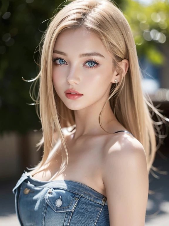 Une femme aux cheveux raides blonds super longs et soyeux et aux yeux bleus prend des photos, magnifique jeune mannequin, Portrait Sophie Mudd, beautiful female model, Mignonne jeune femme, Very nice bangs、A light that shines on luminous cheeks、Very beautiful young woman, portrait of a beautiful model, Belle jeune fille, belle jeune femme, A photograph of a beautiful woman, visage parfait, 20-year-old female model, beau visage jeune, belle fille (bandeau papillon),(Printed T-shirt:1.2),Court en jean,(red lips:1.1),dehors,