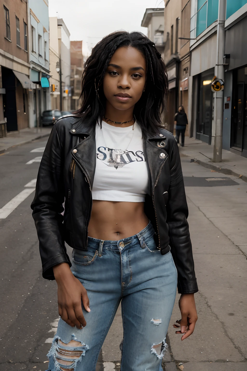 8k, highest quality, ultra details, African-American, young female, edgy American style, leather jacket, ripped jeans, boots, posing in front of street art, urban setting.