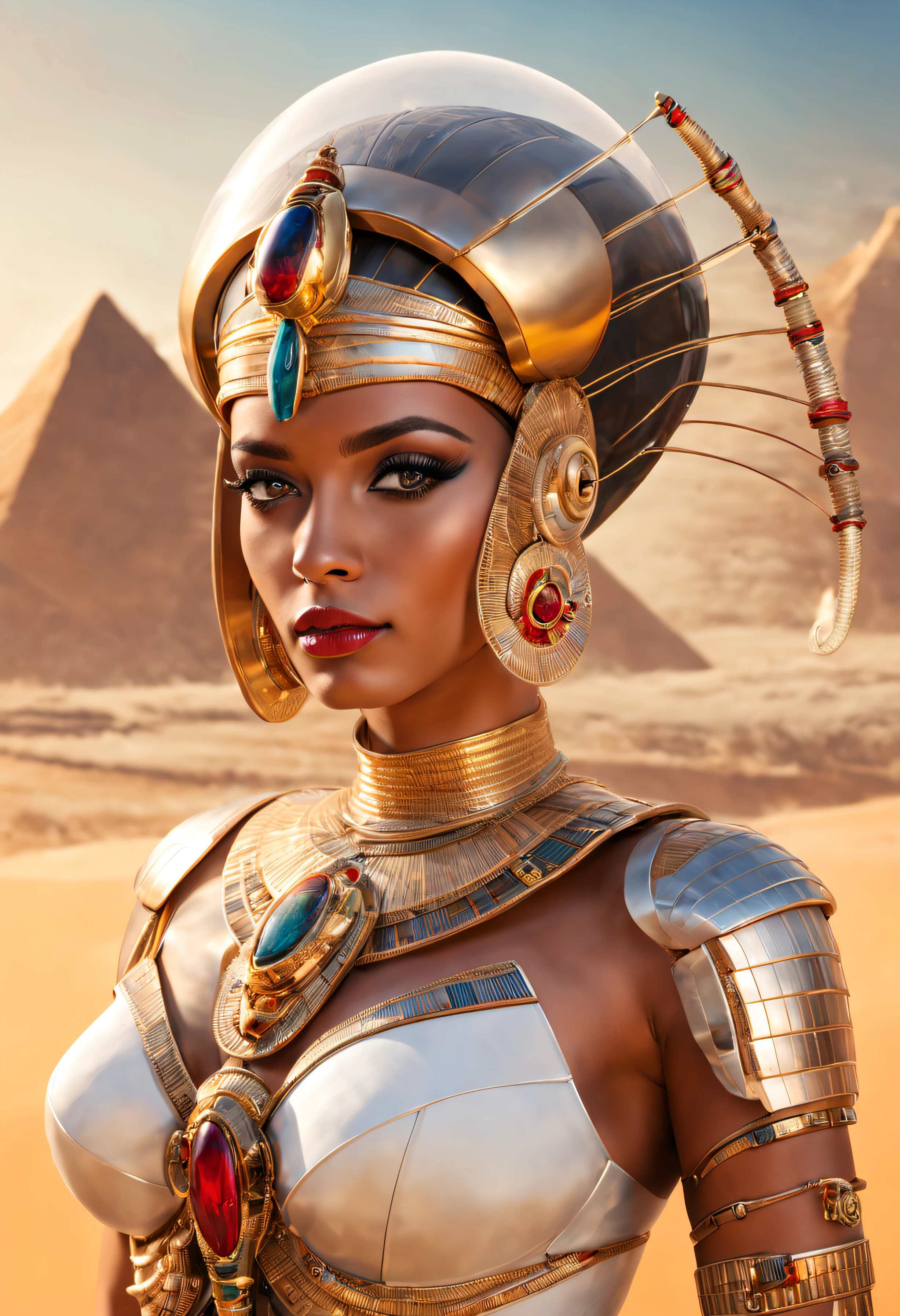 best quality, portrait of a beautiful, curvy woman in futuristic headdress inspired by an ancient egypt king and Cleopatra, tutankhamun, snake, details, gold, silver, stones, scarab beetle, eyes protected by a transparent visor, transparent limestone, microchips, cabels, electric glow, retro futurism, behind the woman there is a red desert landscape with ancient pyramids but with a futuristic touch, mecha-girl, human machine integration,