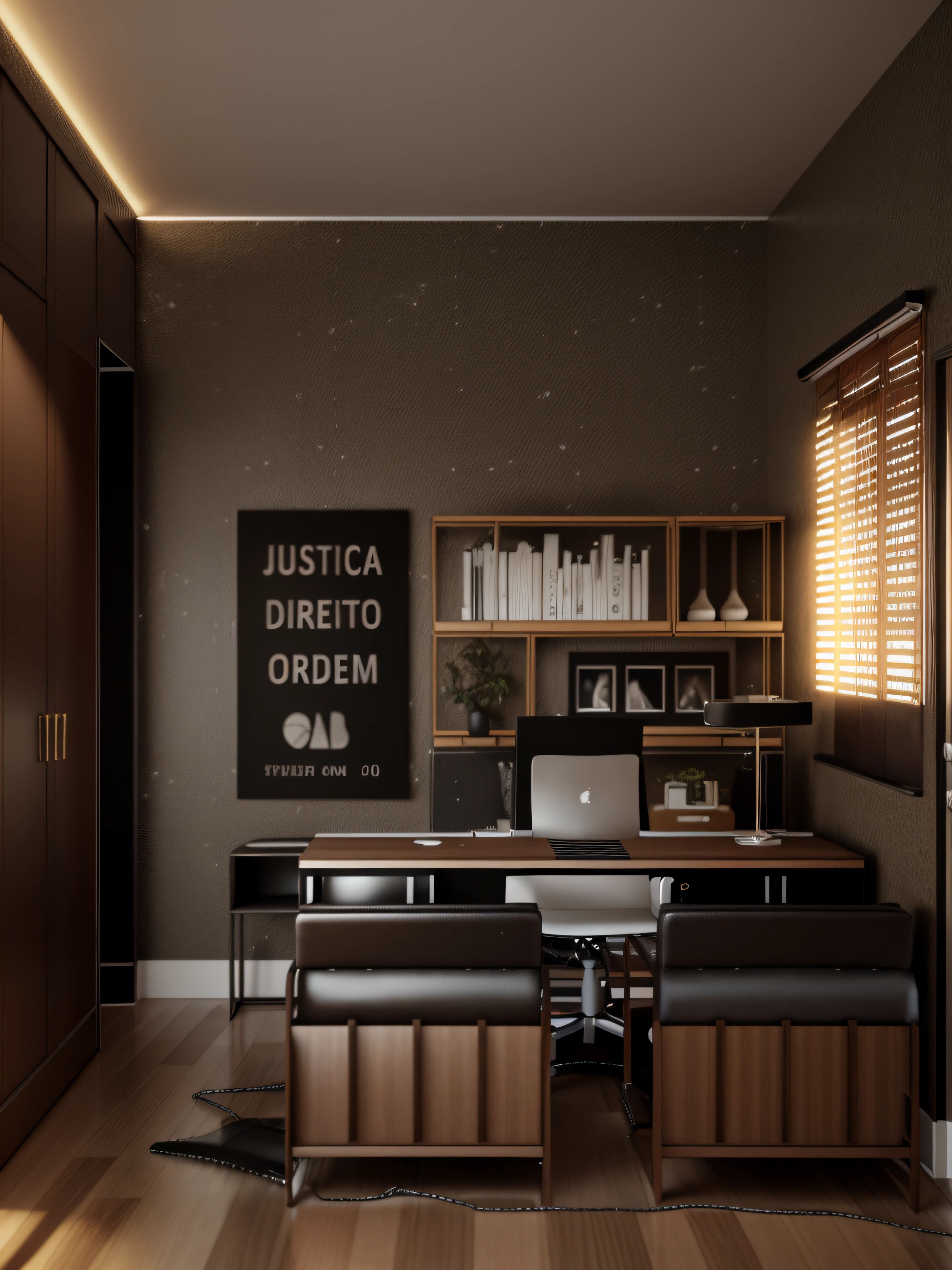 There is a computer desk with a laptop in a room, renderizar 3 d, 2 d render, 3d final render, Home Office Interior, 3 d finalrender, cenografia, inspirado em Oswaldo Viteri, with 3d render, 3D-rendering, 3D rendering, with 3d render, inspired by Almeida Júnior