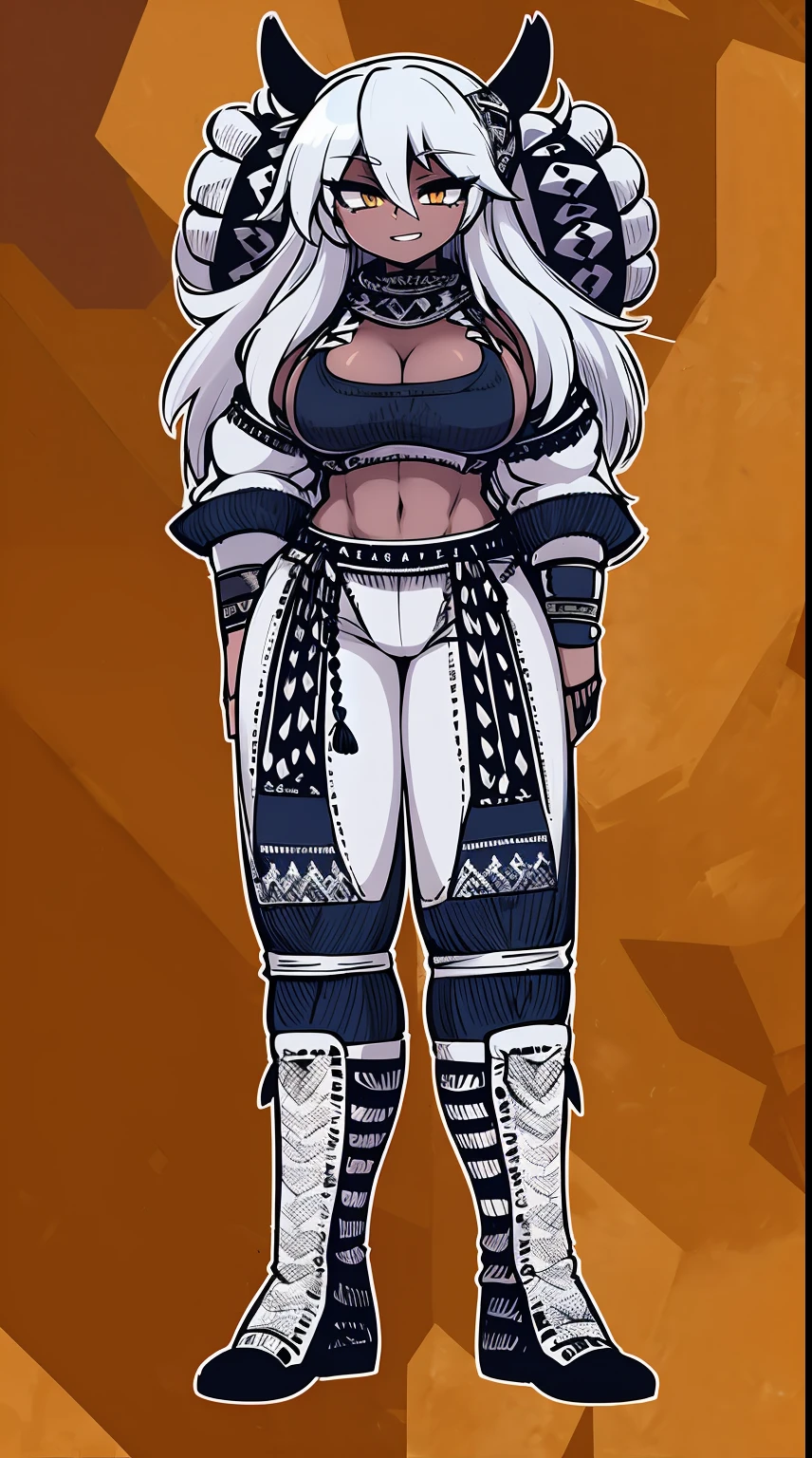Ebony skinned female with white dreadlocks, thicc, wearing tribal warrior outfit, full body, standing, full body