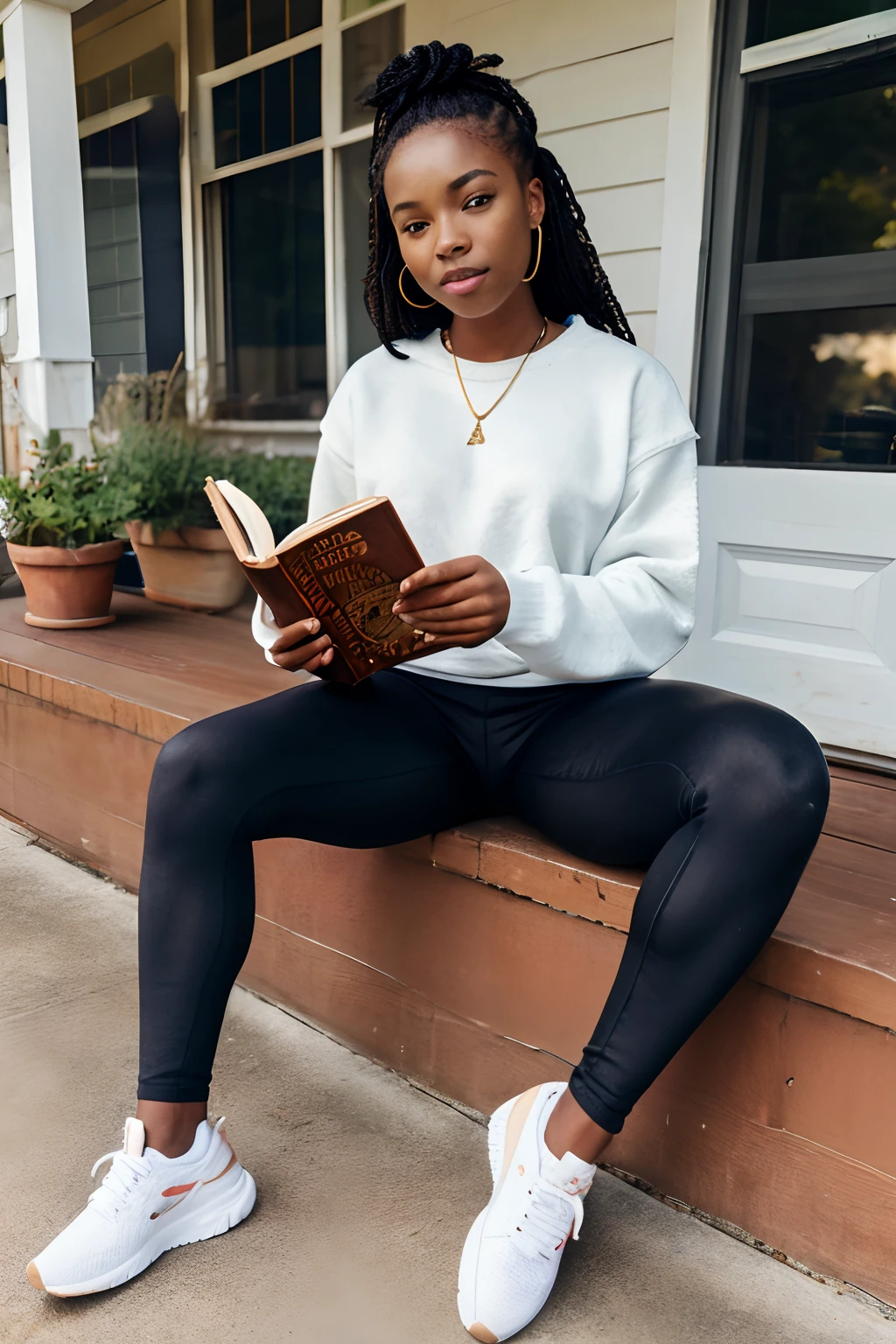 8k, highest quality, ultra details, African-American, young female, relaxed American vibe, oversized sweater, leggings, sneakers, sitting on a porch, reading a book
