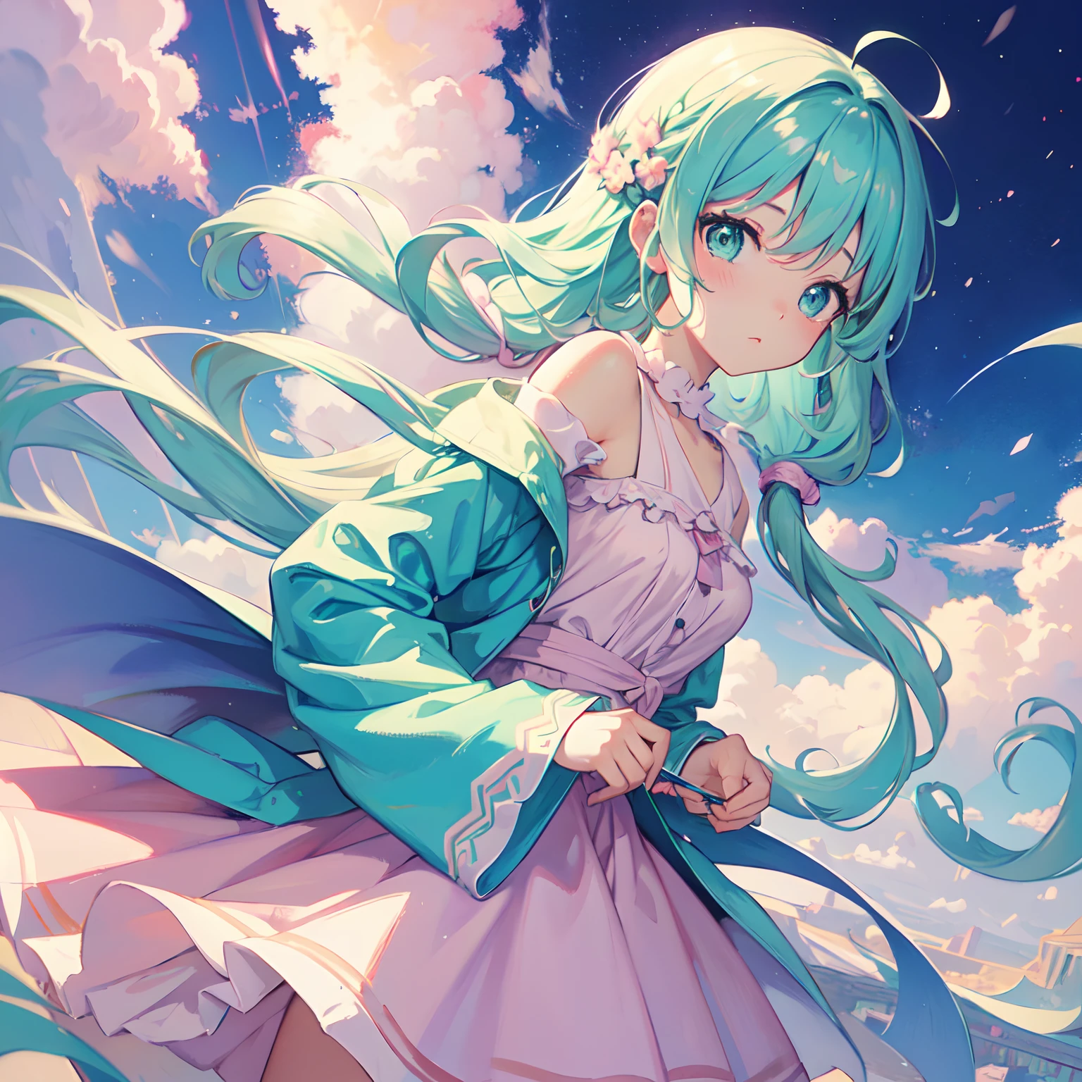 (Pastel painting), cute anime girl, intricate and lively background, midshot, perfect composition, simple anime eyes, (free wavy hair)