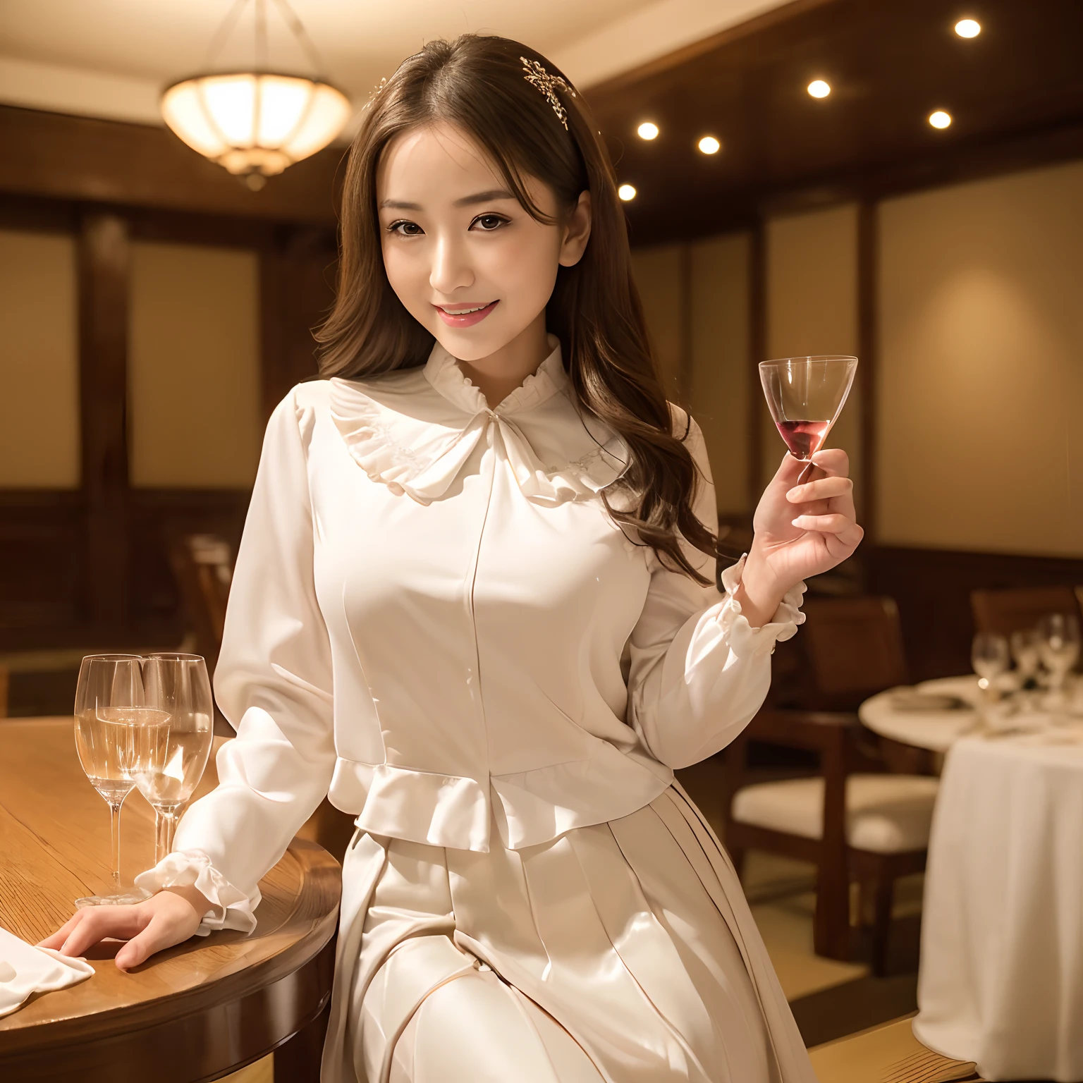 (((Masterpiece、top-quality、Highly complex and detailed depictions)))、((1人の女性,japanese beautiful woman,40 years)),((((Ceremony Suit,Onepiece,Formal blouse,Classy ruffled blouse,formal jackets,Formal Flared Skirt,Midi Flare Skirt,Have a classy little bag)))),((You're at a classy party、Spacious and luxurious party hall、Elegant tablecloth on a round table、Classy wine glasses)),((Perfect makeup, Looking at the camera,The most beautiful faces in Japan,adultlike face,Big smile,The happiest smile,Biggest smile,A detailed face,Staring at this,Take photos on your lap,Tastefully put together hair,Slimed,Colossal tits,Breasts are big,Emphasize the bulge of the chest,super-fine,beautiful hairl,green grass々and hairline,Introducing Japan's most beautiful face in detail,perfect glossy skin,Perfect shiny hair,View here,Perfect fingers,face perfect,细致背景,Fair skin,Crystal clear white skin,Perfect fingers,细致背景,top-quality,The ultra -The high-definition,Perfect Anatomy,high-definition RAW color photography,professional photograpy, Very delicate, Extremely detailed,finely detail, Huge file size,Top image quality,8K,Award-Winning Works,masutepiece,Professional filming))