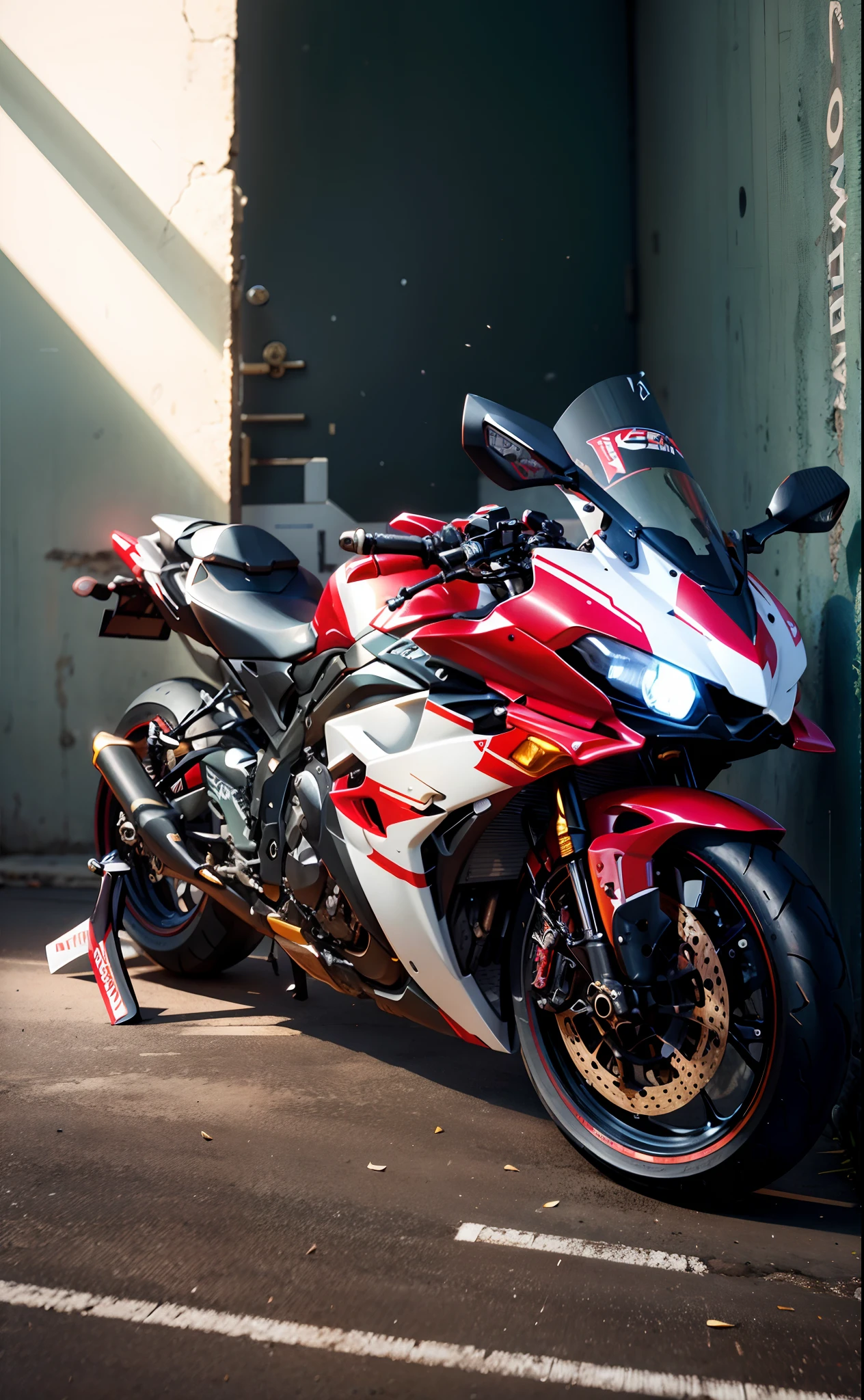 there is a motorcycle parked in a room with a wall, r6, front side full, side front view, front shot, yoshimura exhaust, full front view, front profile, front profile!!!!, front side, motorcycle, taken with sony a7r camera, rb6s, rb 6 s, samurai vinyl wrap, f32, front perspective, random colour, check background