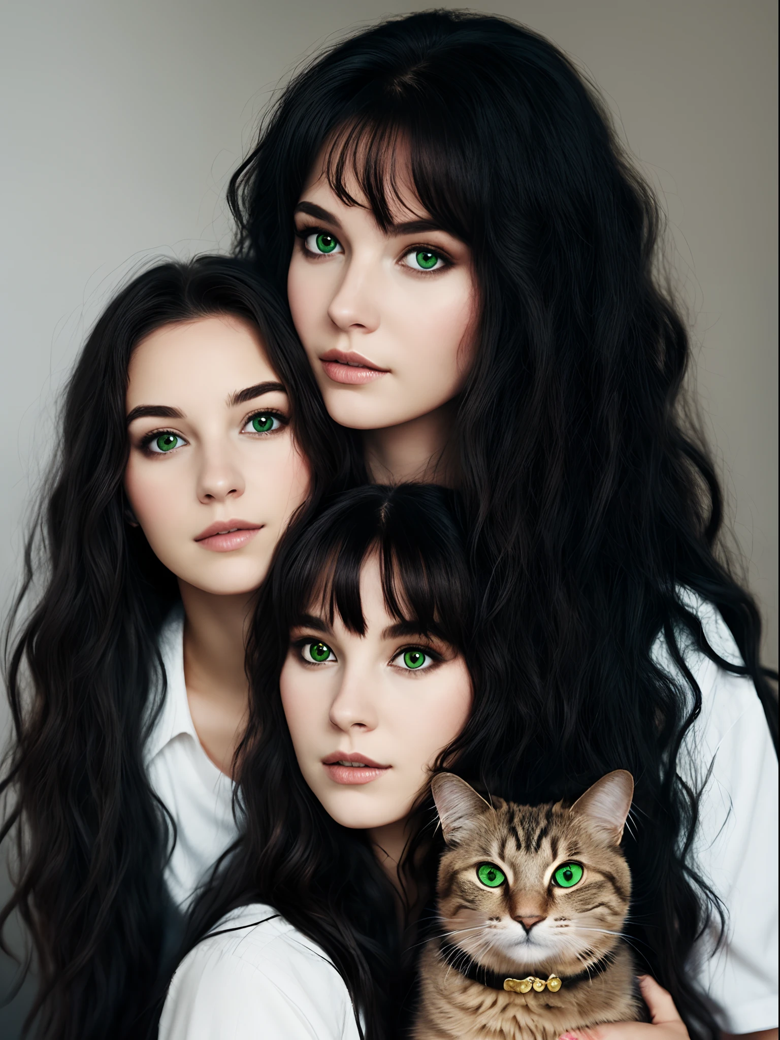 a black long haired haired woman with a middle part and green eyes and pale skin with her cat that is black and white with black around its face & gold eyes. create them as adorable Disney Pixar characters