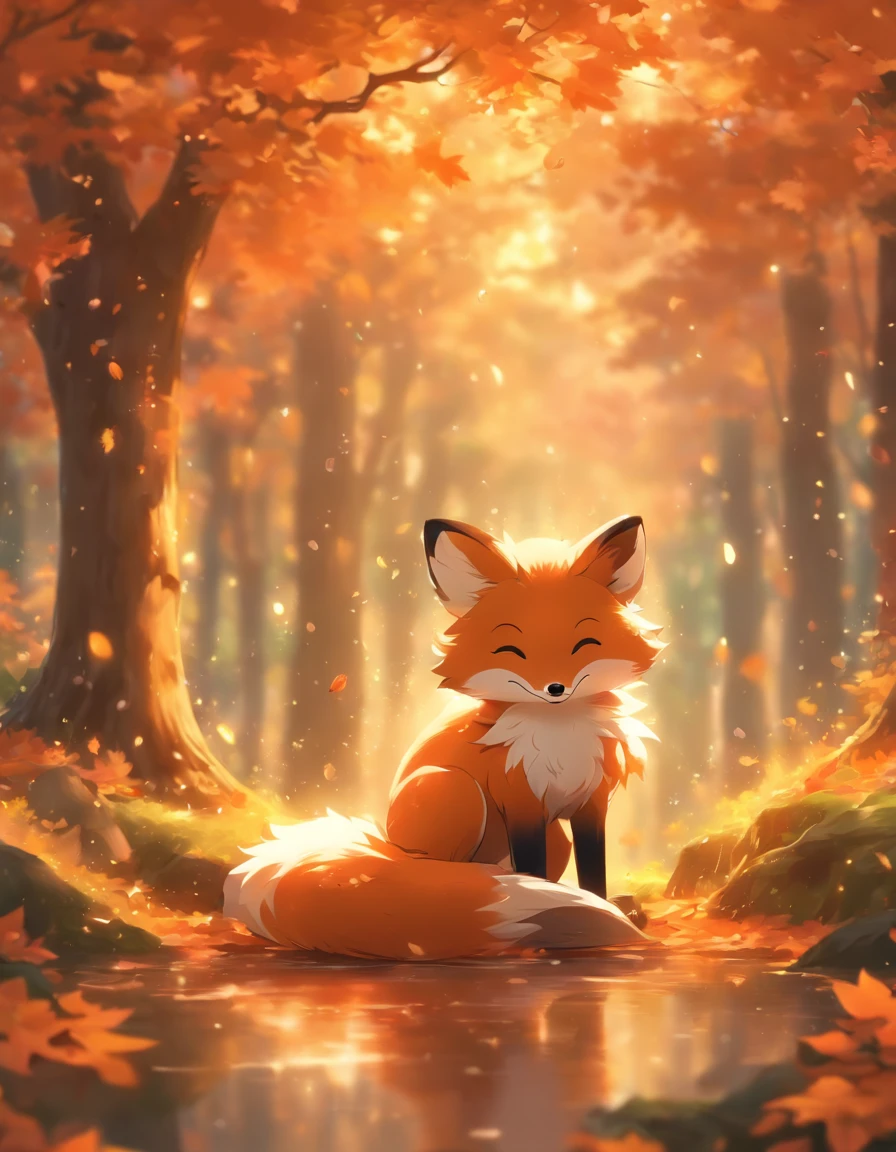 (Best Quality,4K,8K,hight resolution,masutepiece:1.2),Ultra-detailed,(Realistic,Photorealistic,Photorealsitic:1.37),Colorful autumn landscape,Lonely Fox,cute fox,autumn forest,Fox in a maple leaf cloak,Hidden Fox,Tree roots,rainy day,tranquil atmosphere,maple trees,Colored leaves,Color Fox,dark green and orange leaves,,peaceful environment,Natural lighting,Soft raindrops,Leaves in the ground,Gentle fog,The sparkling sun illuminates the forest,Majestic tree trunk,Quiet loneliness,Magical atmosphere