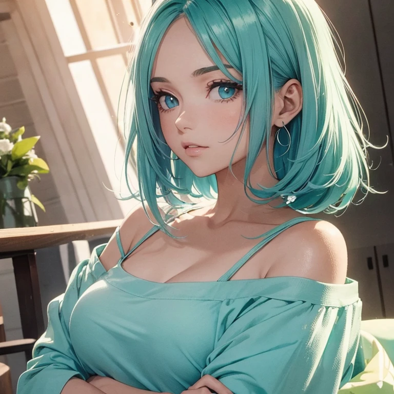 masterpiece, highest quality，highest quality，{{{1 girl}}}，solo，{{{Sanae Dongfeng Valley/Sanae Kochiya}}}，{{{frog hair ornament}}}，light green hair，Long Wave Hair，hair tube，green eyes(heart eyes)，blush，{{big chest room background、Only the upper body is visible、Slender、full nude、Courtship action、beautiful breasts、Close-up、embarrassed face