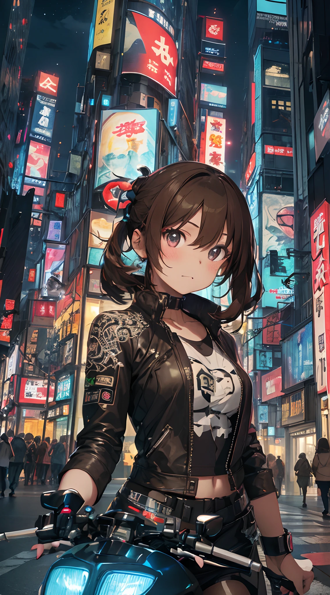 masutepiece, Best Quality, Confident cyberpunk girl, Brown hair、Bob Hair、upperbody shot, ((Spanning a large motorcycle)), Pop costumes inspired by Harajuku, Bold colors and patterns, Eye-catching accessories, Trendy and innovative hairstyles, Bright makeup, Cyberpunk dazzling cityscape, Skyscrapers, neon signs, led lights, Bright and vivid color scheme, Anime, Illustration, Detailed skin texture, Detailed Cloth Texture, beautifull detailed face, Intricate details, ultra-detailliert.nighttime scene