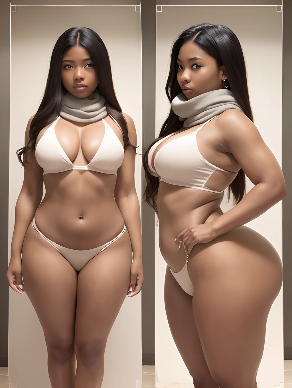 (8K, best quality, tmasterpiece), (she has a physique like Cherokee D'Ass), (demure chest, tiny waist, small breasts), (She has massive buttocks, Most massive booty), (white blouse with taupe scarf), (Studio soft light, high detail, cinematic lighting, rim lighting), (Womanly, Womancore), (big hips, wide hips, trapezoidal hips, extremely wide hips), (dark skin, glistening skin, beautiful complexion), full body, alluring, shot on Fujifilm superia --auto --s2