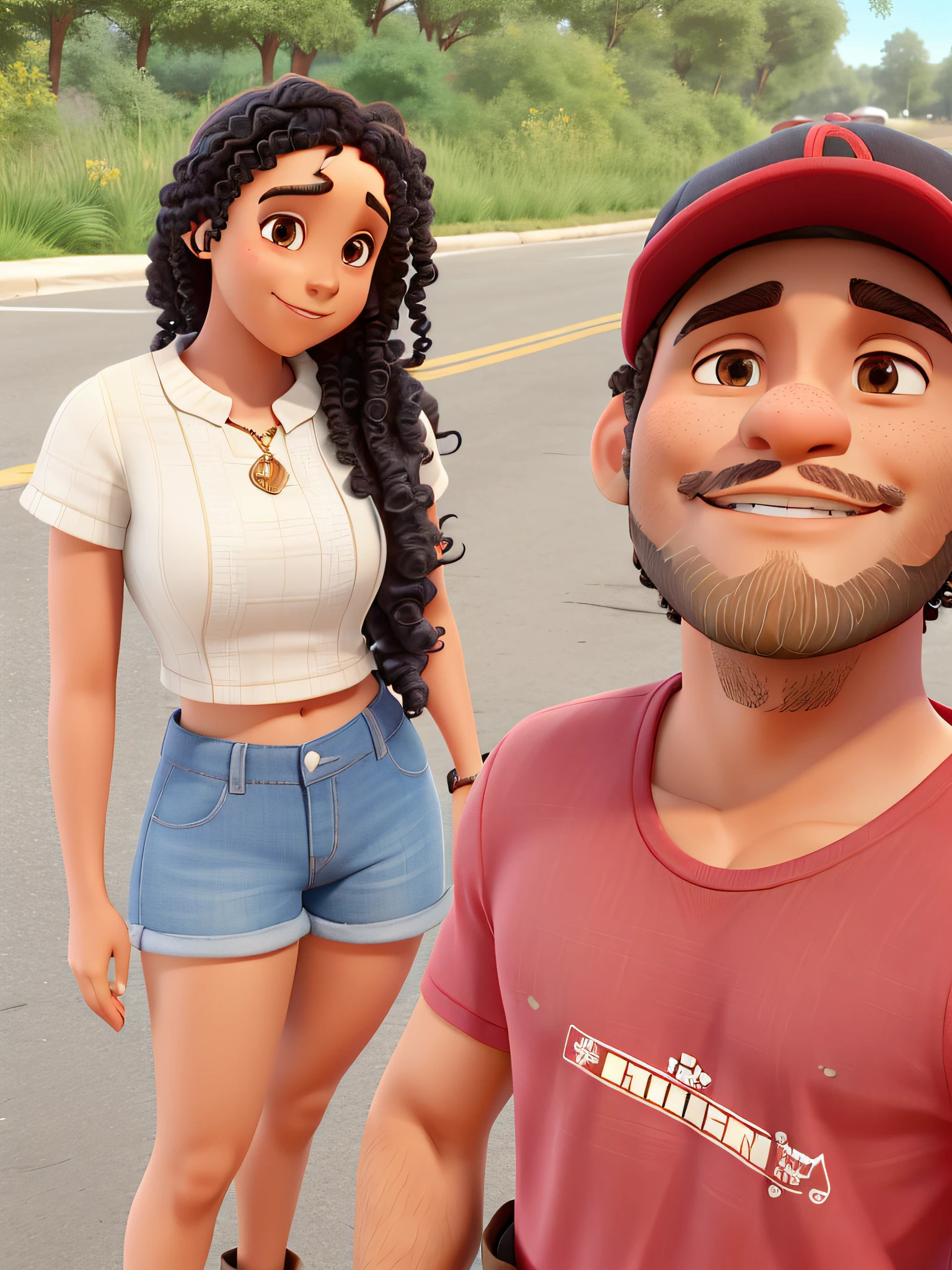 couple standing smiling with a man in front with a little beard, dark skin and a cap on his head, and behind on his right the woman with curly hair