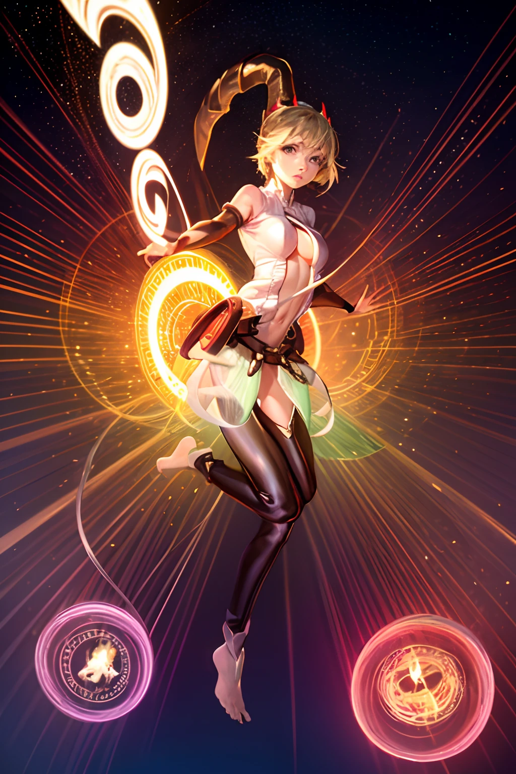 (Obra maestra:1.2), (La mejor calidad:1.2), Perfect lighting, Chica Maga Oscura lanzando un hechizo, flotando en el aire, Levitating over a magic circle , Portal de Circle, tetas grandes, escote abierto, fondo de magia. Pose sejustiva y sexy. Fuegos artificiales de fondo