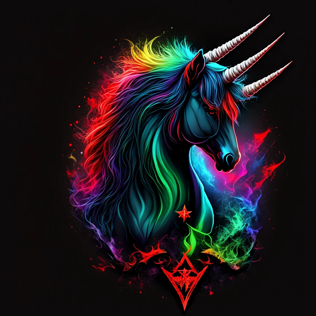 vampire unicorn, colorful, red eyes, fangs, rainbow, occult, pentagram, creepy, dark fantasy, manga, black background,