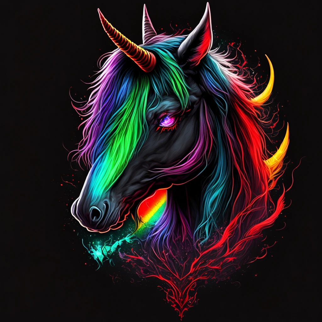 vampire unicorn, colorful, red eyes, fangs, rainbow, occult, pentagram, creepy, dark fantasy, manga, black background,