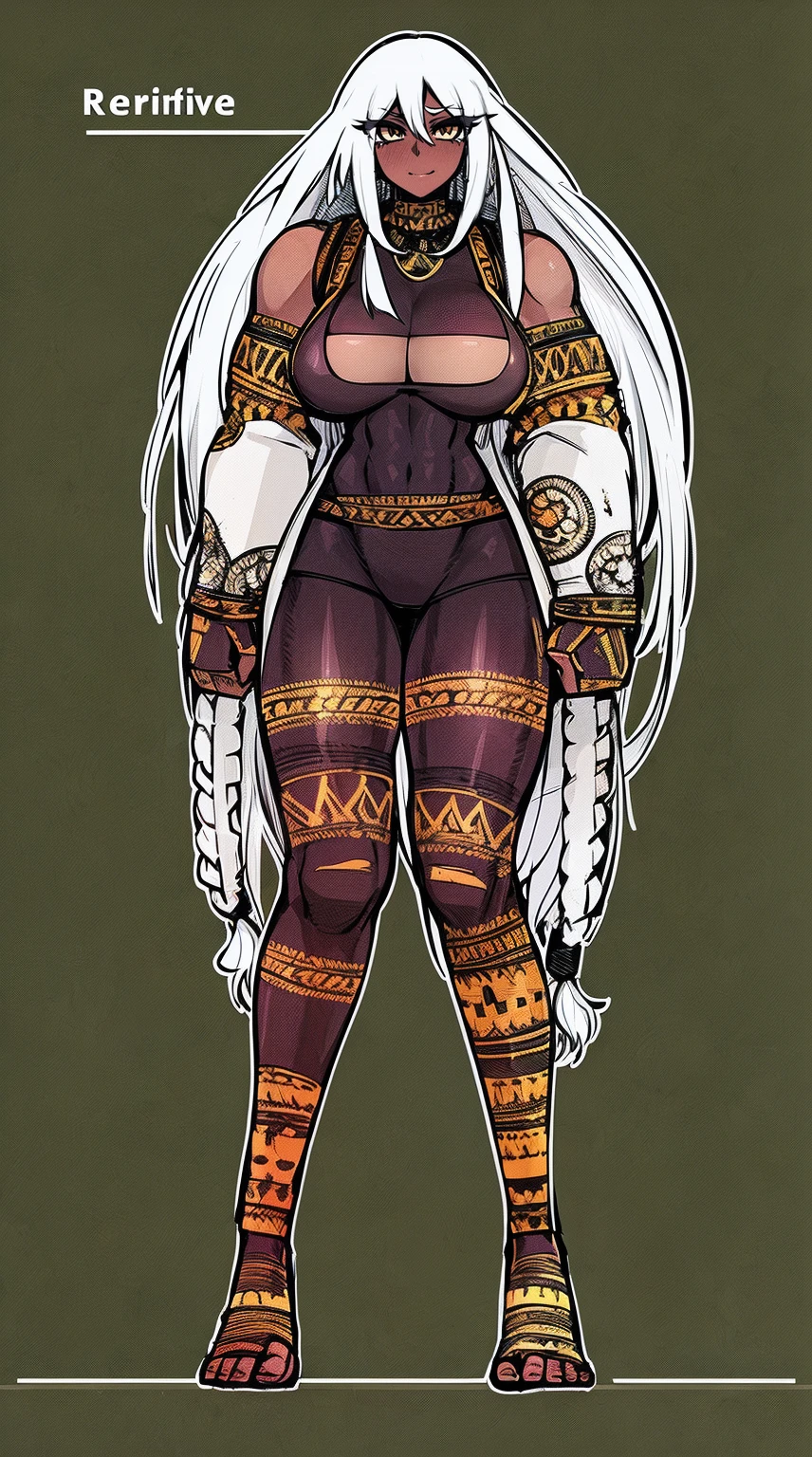 Ebony skinned female with white dreadlocks, thicc, wearing tribal warrior outfit, full body, standing, full body