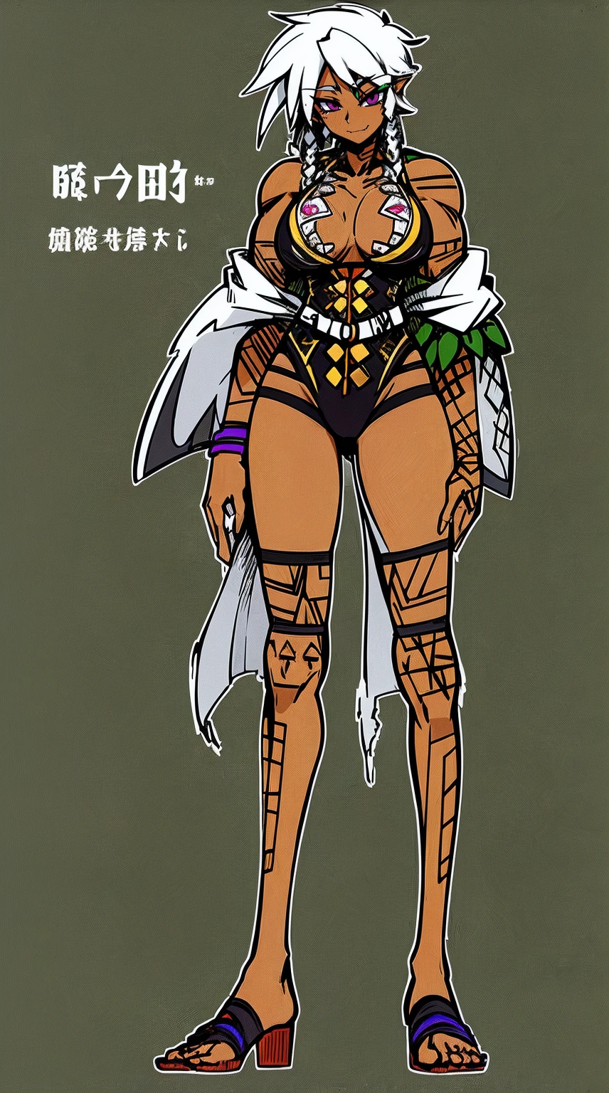 Ebony skinned female with white dreadlocks, thicc, wearing tribal warrior outfit, full body, standing, full body