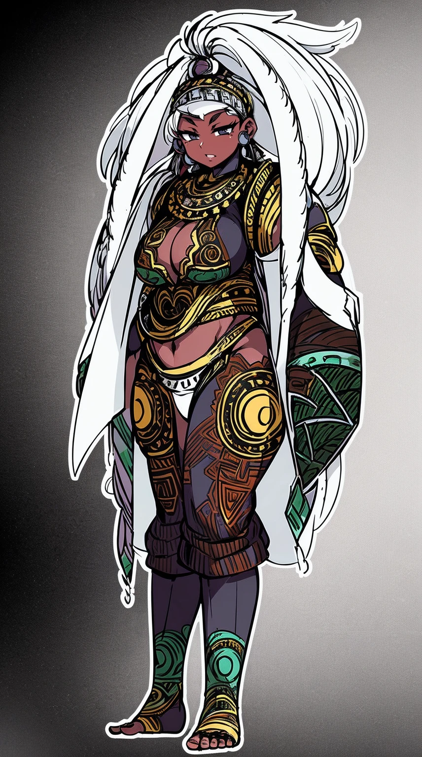Ebony skinned female with white dreadlocks, thicc, wearing tribal warrior outfit, full body, standing, full body