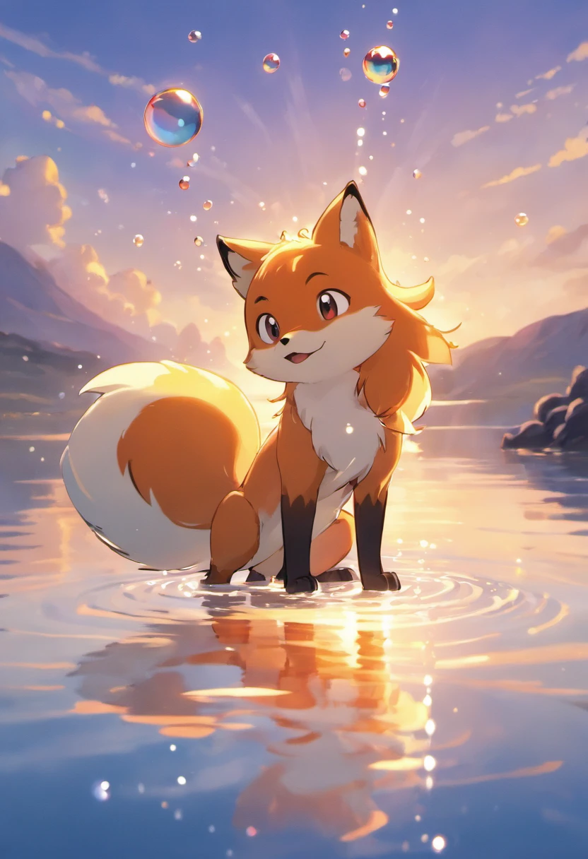 A touching scene of a fiery red fox making a wish on the shore of a tranquil lake in ultra-high-definition 3D. That Red Fox, Beautifully rendered down to the smallest detail, You can see the bubbles being gently blown into the lava, Each has a hopeful desire. Bubbles capture the reflection of the setting sun, Making a dreamer, magical effect. The overall atmosphere is one of kindness, Full of hope and tranquility