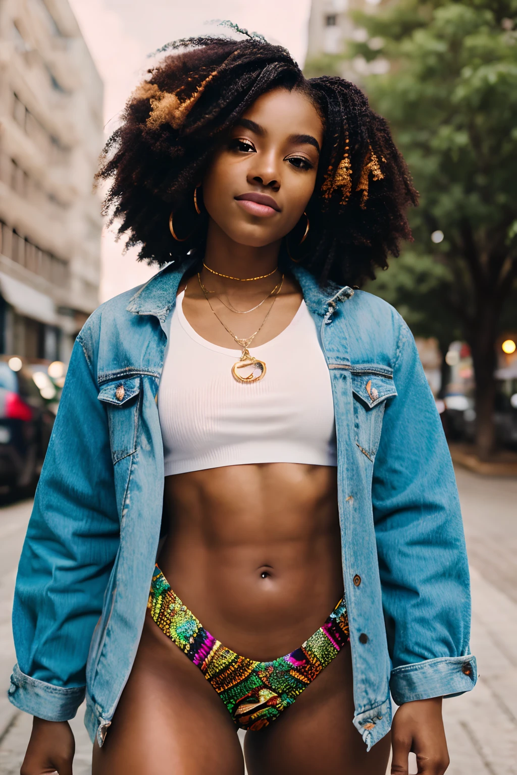 8k, highest quality, ultra details, African-American, young female, natural hair, confident expression, urban setting, street fashion, vibrant colors