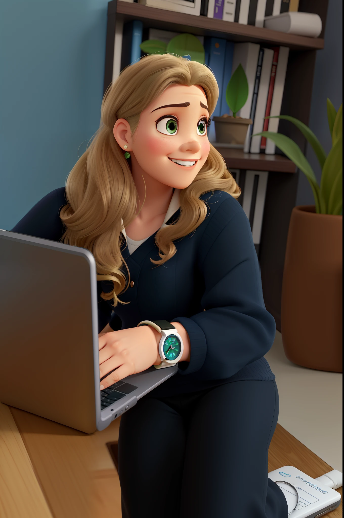 Poster estilo disney pixar. Mulher branca, com 30 anos de idade, cabelos loiro-escuro, cabelos louro-escuro, olhos azuis, cabelo solto ondulado, usando roupa preta, sentada em um puff, utilizando computador laptop cinza, with your head turned to the side, sorrindo, usando um smartwatch no pulso, ao fundo uma estante de livros, ao fundo um vaso grande marrom com plantas verdes dentro.