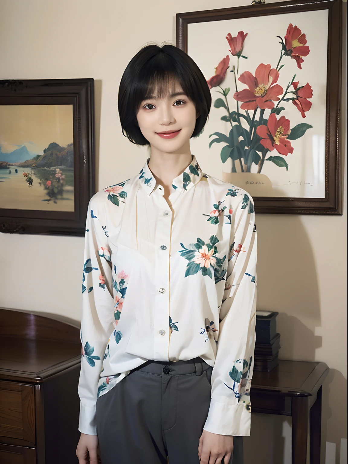 93
(a 20 yo woman,is standing), (A hyper-realistic), (masutepiece), ((short-hair:1.46)), (Smooth black hair), wear long pants, (Wearing a long-sleeved shirt with a floral print), (painterly、picture frame), (Gentle smile), (Keep your mouth shut)