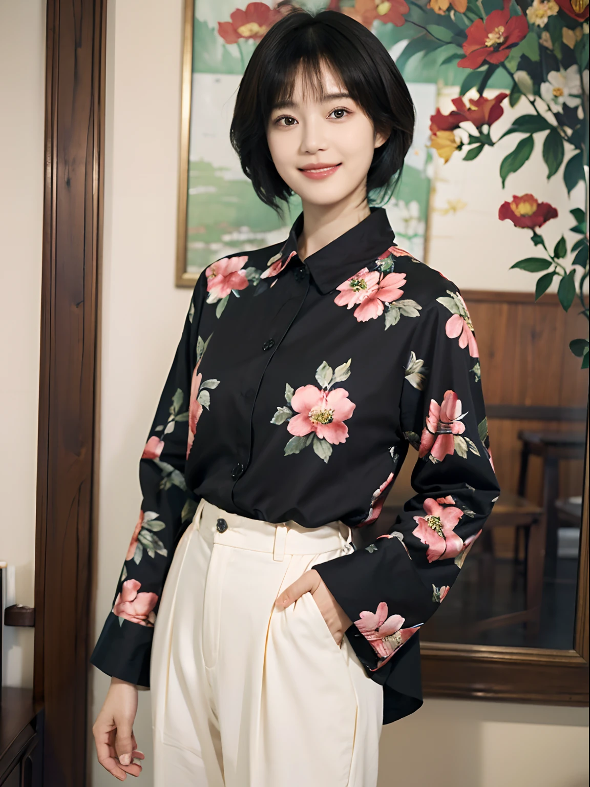 93
(a 20 yo woman,is standing), (A hyper-realistic), (masutepiece), ((short-hair:1.46)), (Smooth black hair), wear long pants, (Wearing a long-sleeved shirt with a floral print), (painterly、picture frame), (Gentle smile), (Keep your mouth shut)