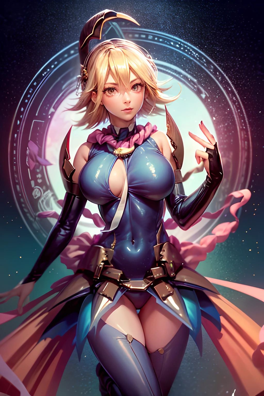 (Obra maestra:1.2), (La mejor calidad:1.2), Perfect lighting, Chica Maga Oscura lanzando un hechizo, flotando en el aire, Levitating over a magic circle , Portal de Circle, tetas grandes, escote abierto, fondo de magia. Pose sejustiva y . Fuegos artificiales de fondo