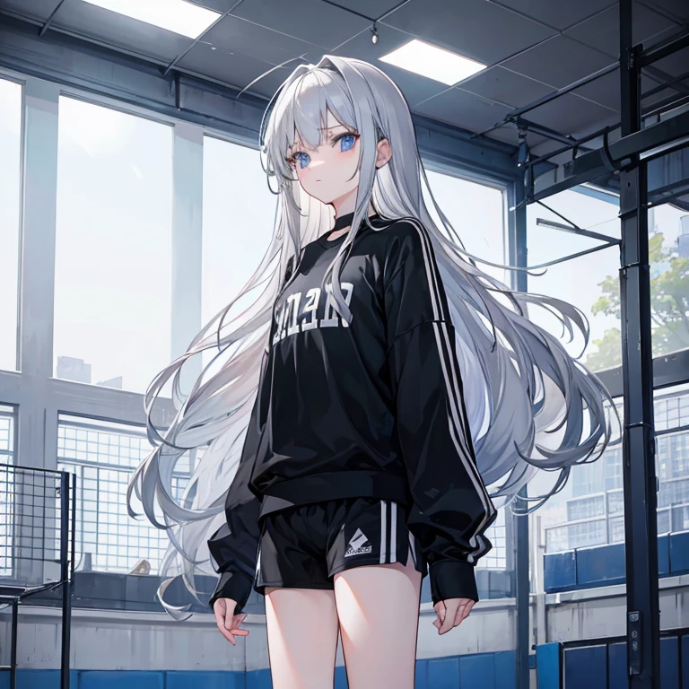 long hair with gray hair、blue eyess、deadpan、I'm wearing a black long-sleeved jersey、Black shorts underneath、Volleyball court in the gymnasium、Having a volleyball、girl with