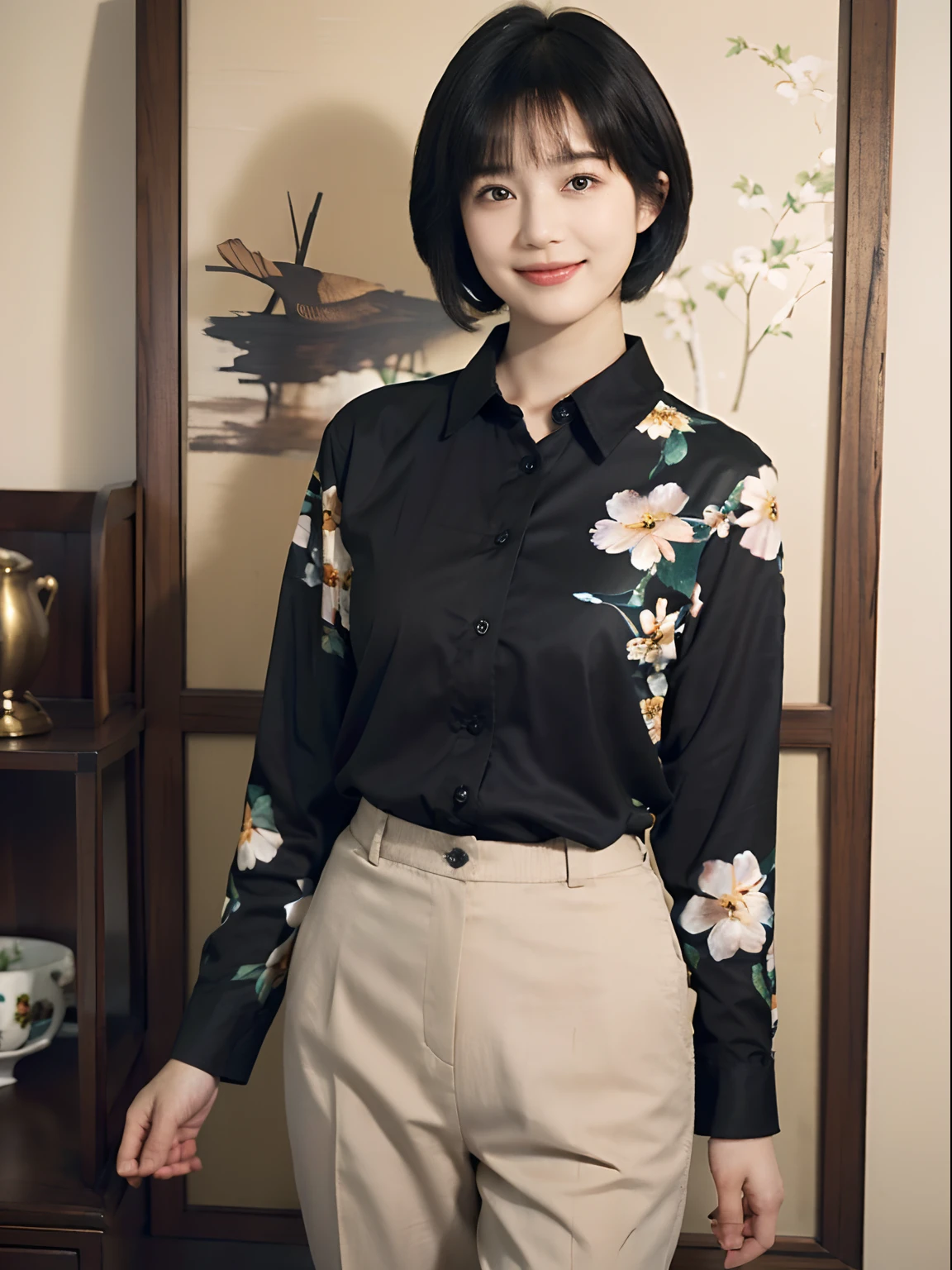 93
(a 20 yo woman,is standing), (A hyper-realistic), (masutepiece), ((short-hair:1.46)), (Smooth black hair), wear long pants, (Wearing a long-sleeved shirt with a floral print), (painterly、picture frame), (Gentle smile), (Keep your mouth shut)
