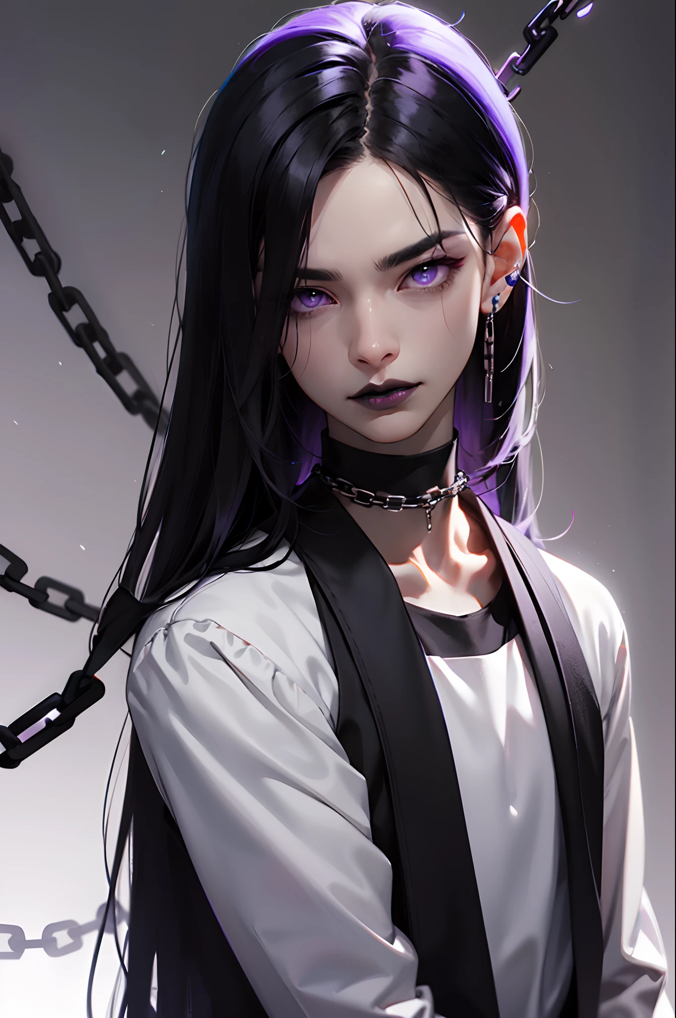 Guy, Masculine, tall, Outlet Long black hair, emo, expression less, purple eyes, Earring, piercing beside down lips, black lips, pale skin, Black clothes, black chains choker