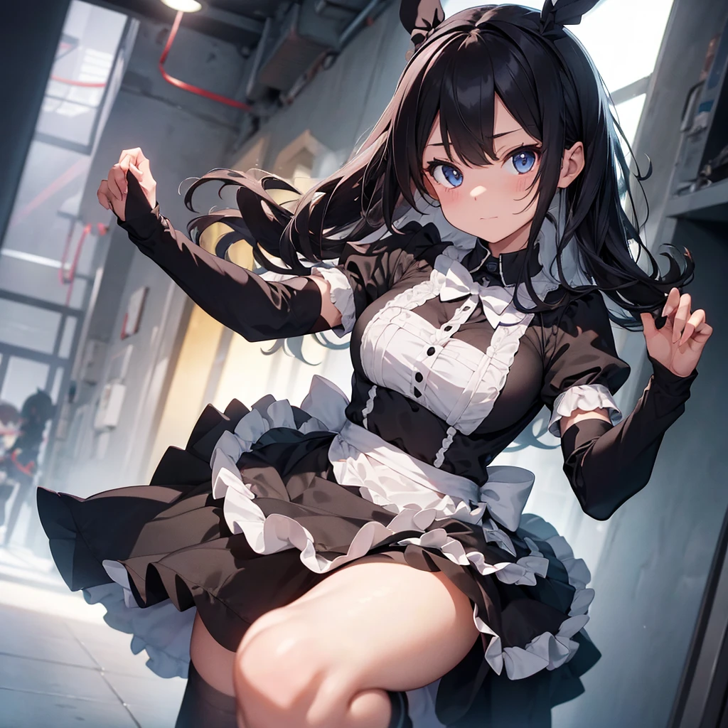 Schwarze langhaarige Loli, Wearing a maid outfit, kniend, Legs and five fingers, mehr Fleisch, niedlich zweidimensional, hintergrund hintergrundbeleuchtung hd