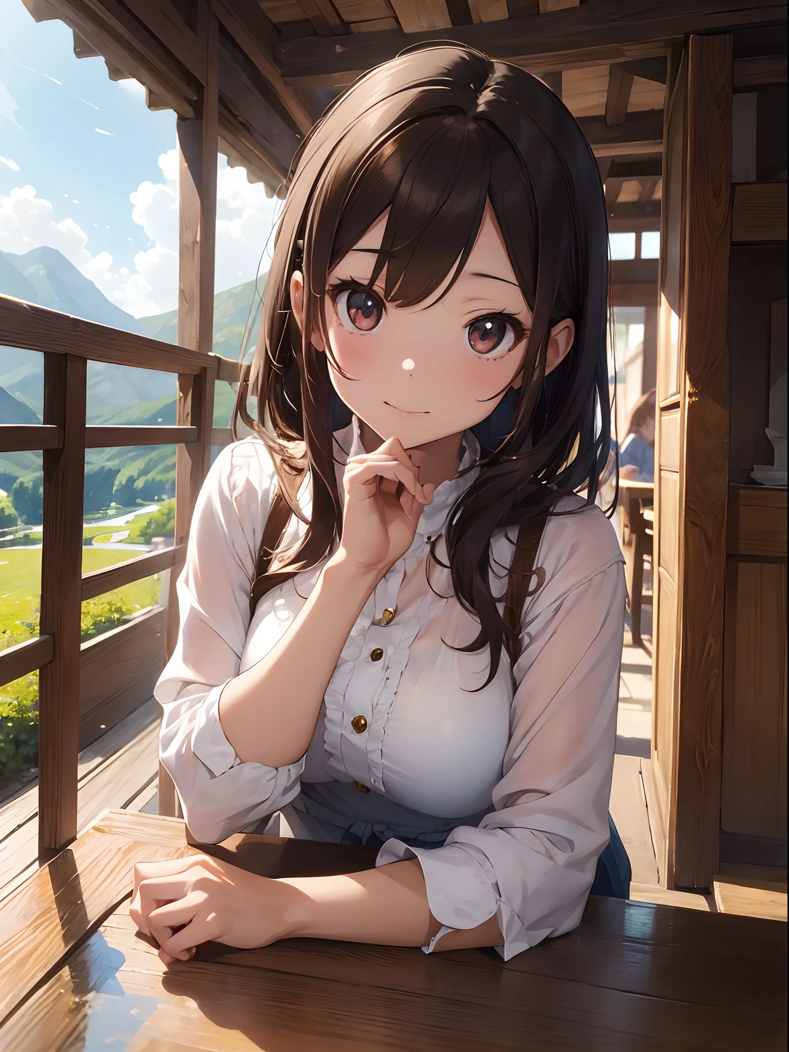"(masutepiece), (Highest Quality), Intricate and detailed portrait of a young woman sitting behind a table on a terrace, Hands placed on the table. She has brown hair, Glowing look, Artwork is rendered in stunning 8K resolution. In the background、It depicts a picturesque valley bathed in sunlight."
