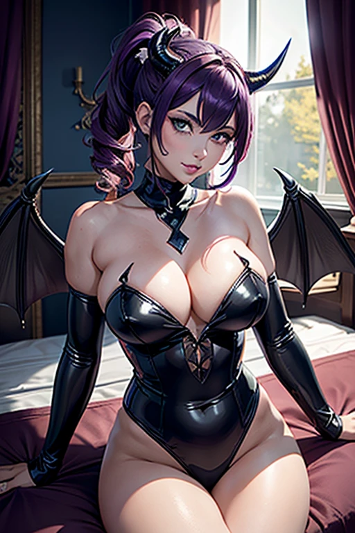 A girl, Demon Horns ,Demon Wings , Dragon wings, Dark and Purple Hair , Black Latex Suit, Whip (BDSM)) blushing face , (Best quality:1.1), (Masterpiece:1.4), 1fille, (cheveux volumineux)+ , ((cheveux Ponytails))++, cheveux longs , (Yeux Bleux) , gros seins, gros seins , (big lips)+ , Bas en dentelles, Bas noirs , peau brillante, brillant, starry night, dans une chambre, Bas dentelle,