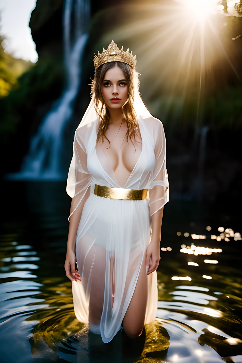 ancient greek goddess wearing a wet thin transparent white toga, with a thin golden tiara at a head, extra deep cleavage, leg, wet hair, in a lake at a front of a waterfall, sunset, rim light, analog photo on Helios 44-2, circular bokeh, film grain, Kodak portra 400, by helmut newton, fashion photo