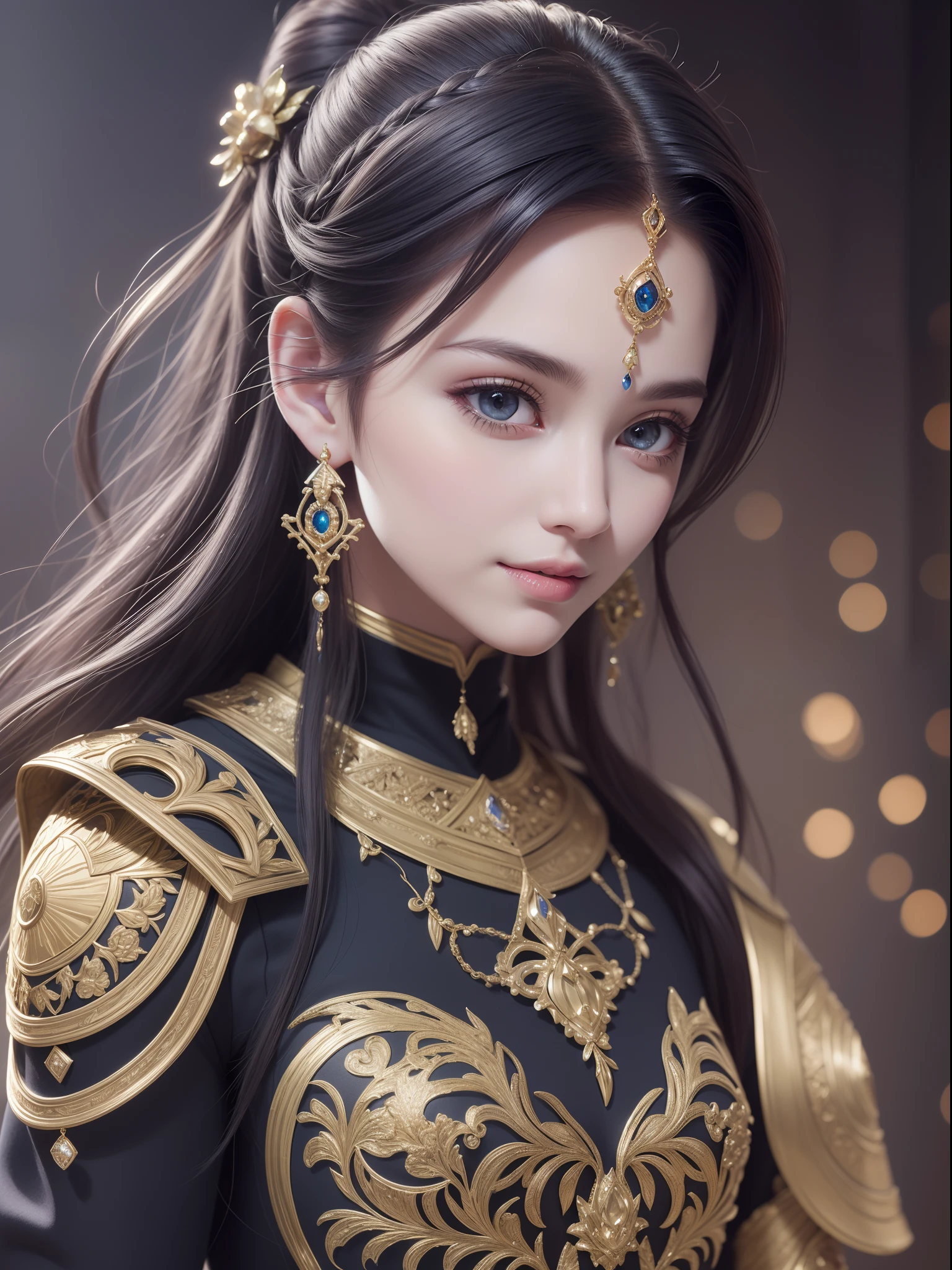 (((highest quality))), ((Masterpiece)), ((Complex details)), 32k, Sharpness, Highly detailed CG, Perfect artwork, detailed and detailed details, Wind Manipulation:1.2, Operation of darkness, Fantastic art, Fantasy work, Perfect female figure, ((Female in her early twenties)), Leg line beauty, Very delicate and beautiful, best quality, beautiful detailed girl, beautiful fine eyes, face lights, Realistic representation of face, intricate details, makeup, ((staring at the viewer, bewitching smile: 1.4)), (female knight: 1.8), (full body armor: 1.5, indigo leggings: 1.3 decoration, black, dull yuga, complex and dense, detailed, unexposed armor: 1.8)))),(detailed beautiful delicate face, detailed beautiful delicate eyes, face) perfect proportions, perfect face modeling: 1.1, detailed skin, Detailed Skin, (Dense and Detailed Glowing Gemstone Earrings:0.5), (Hair Pulled Up:1.5), (Deep Indoor Background:1.3), Full Body:1.5, Dark Side, Dark