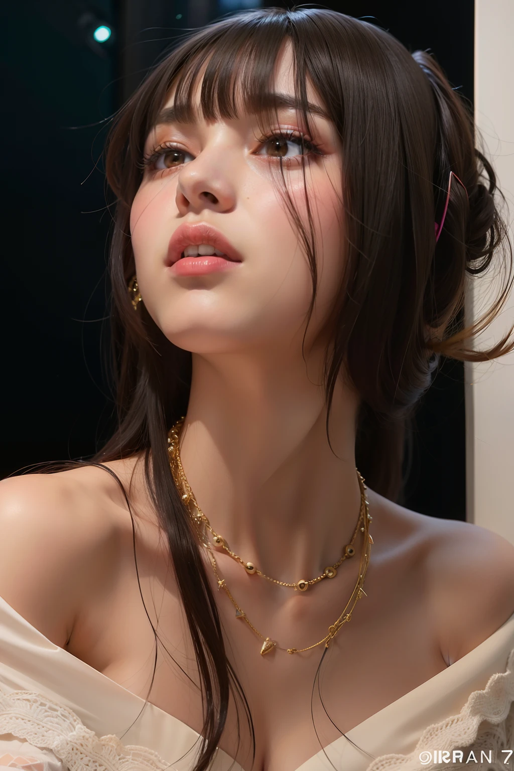 Mujer araffe con cabello largo con un vestido blanco y un collar, flequillo de cortina, Bae Suzy, dilraba dilmurat, Jinyoung Shin, Billie Eilish, Jisoo de Blackpink, Imagen de perfil, usando gargantilla, Imagen filtrada, Sha Xi, Dua Lipa, collar, taken in the early 2020s, Retrato Jisoo Blackpink, Cadenas para el cuello