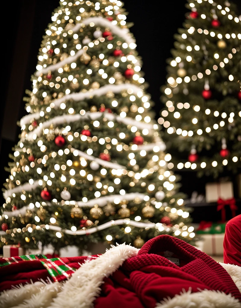Close-up of christmas tree with lots of clothes on it, holiday season, Christmas tree, a tree, promo image, Clothing concept, Giant white tree, a tree; on a tennis coat, children's room, Full clothes, In festive clothes, Detailed image, kids, Photo illustration, full image, Conceptual, q 2 0 1 5, family photo, Clothing Drop