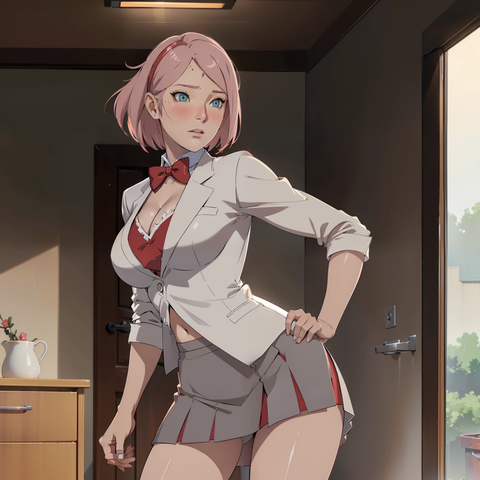Hyper realistic super detailed sexy woman, NSFW, Very detailed, expressions faciales sexy, seductive facial expressions, [:(Face detail: 1.4): 0.4], 16K resolution, 4k resolution, dinamic lighting, High definition resolution, (sexy), (hyper realistic: 1.4), (back light: 1.2), (daylight: 1),(contrasting background: 1.5), (Anatomy of the hyperrealistic arm), (Hyperrealistic anatomy of the legs), (peau propre), (lighting cinematic: 1.7), (intime) ,Masterpiece, Seductive face, Glowing eyes, masterpiece, best quality, highres, (beautiful detailed eyes),1girl,solo,Mimosa Vermillion, huge_breasts,(school uniform, shirt, white shirt, blazer, grey blazer, bow, bow tie, red bow, skirt, short skirt,)cowboy shot, light on face, bloom, breast hold, masturbation, orgasm,blush, embarrassed,full lips, the school, in the classroom, cleavage, black lingerie