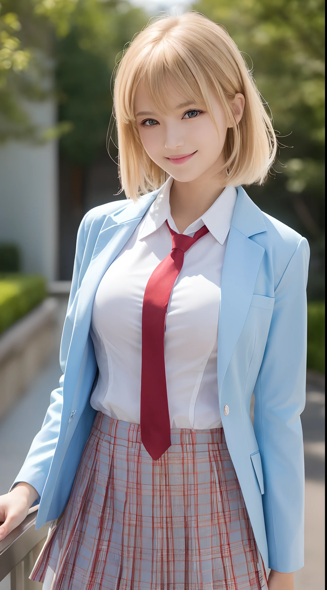 masutepiece,Best Quality,Ultra-detailed,finely detail,hight resolution,in 8K,((Photorealsitic:1.4,Raw photography,超A high resolution,Top image quality:1.4)),masutepiece、Best Quality、 ultra-detailliert、hight resolution、8K Wallpapers、Perfect dynamic composition,、Beautiful detailed eyes、(Beautiful breasts:1.1) 、Blue Blazer、student clothes、white shirt、red necktie、Plaid brown skirt、1girl in、a beauty girl、Slender body type、High school students、Blonde head hair、(a blond)short-hair、Hide your left eye with hair、Red Eyes、ssmile、A smile