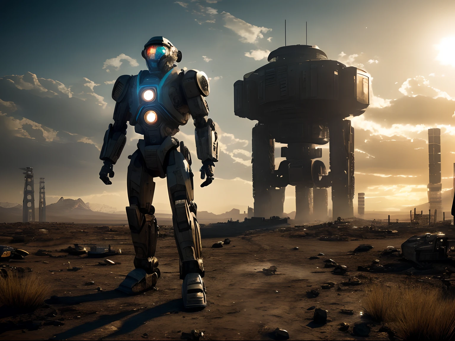 Film still action movie High-Speed Photography: A humanoid robotic sentinel patrolling a dystopian wasteland, its sensors scanning for life. Tight focus on the sensor array, against a backdrop of desolation. Lit by the harsh glare Of a post-apocalyptic sun, high noon. Captured with Sony Alpha A9 Ii, highlighting the stark reality of a future world, directed by Michael Bay, hyper-realistic, highly detailed.