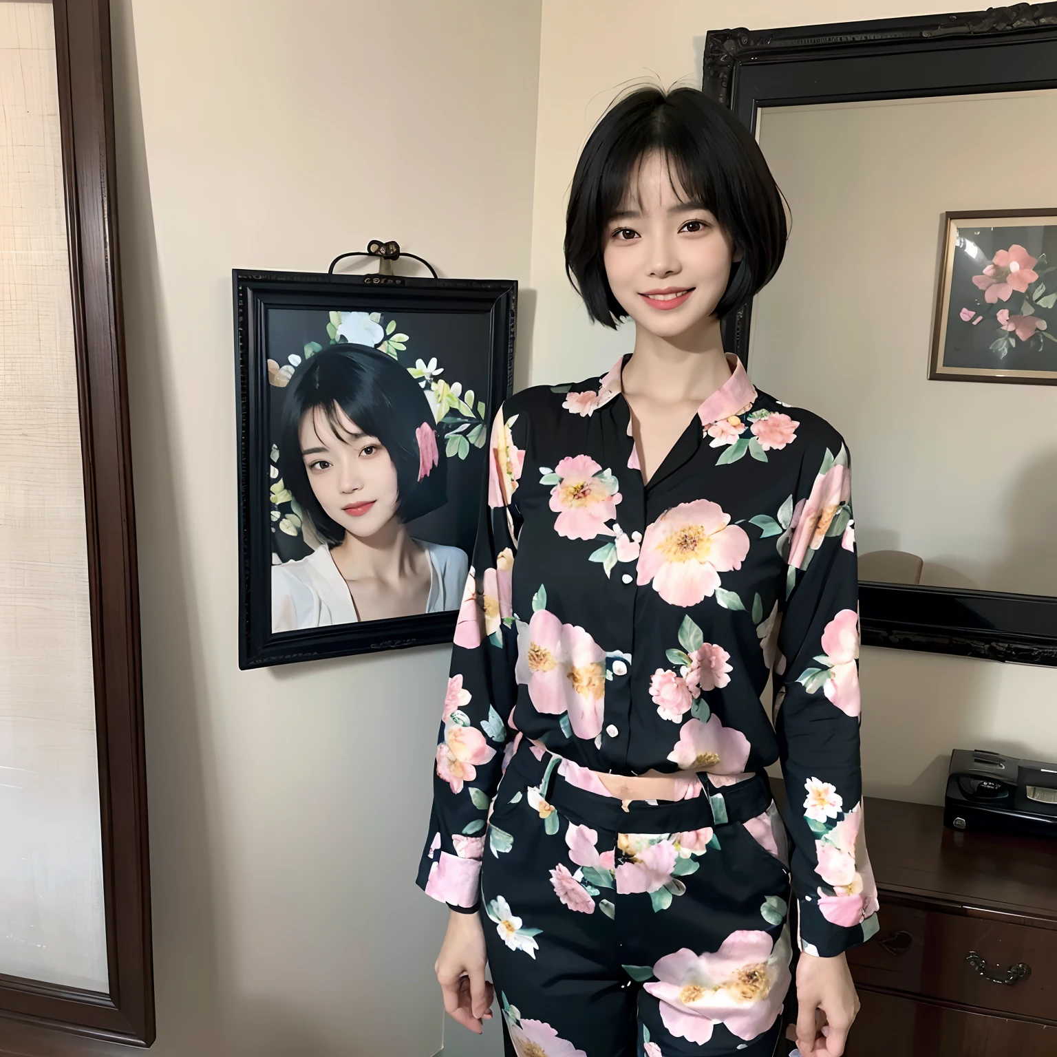 93
(a 20 yo woman,is standing), (A hyper-realistic), (masutepiece), ((short-hair:1.46)), (Smooth black hair), wear long pants, (Wearing a long-sleeved shirt with a floral print), (painterly、picture frame), (Gentle smile), (Keep your mouth shut)